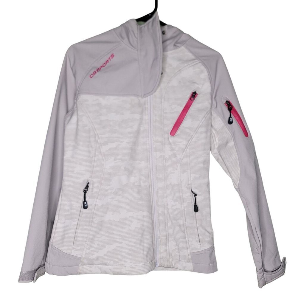 CB Sports Womens Jacket Gray Pink Full Zip Active Hood Track Athletic Pockets M
